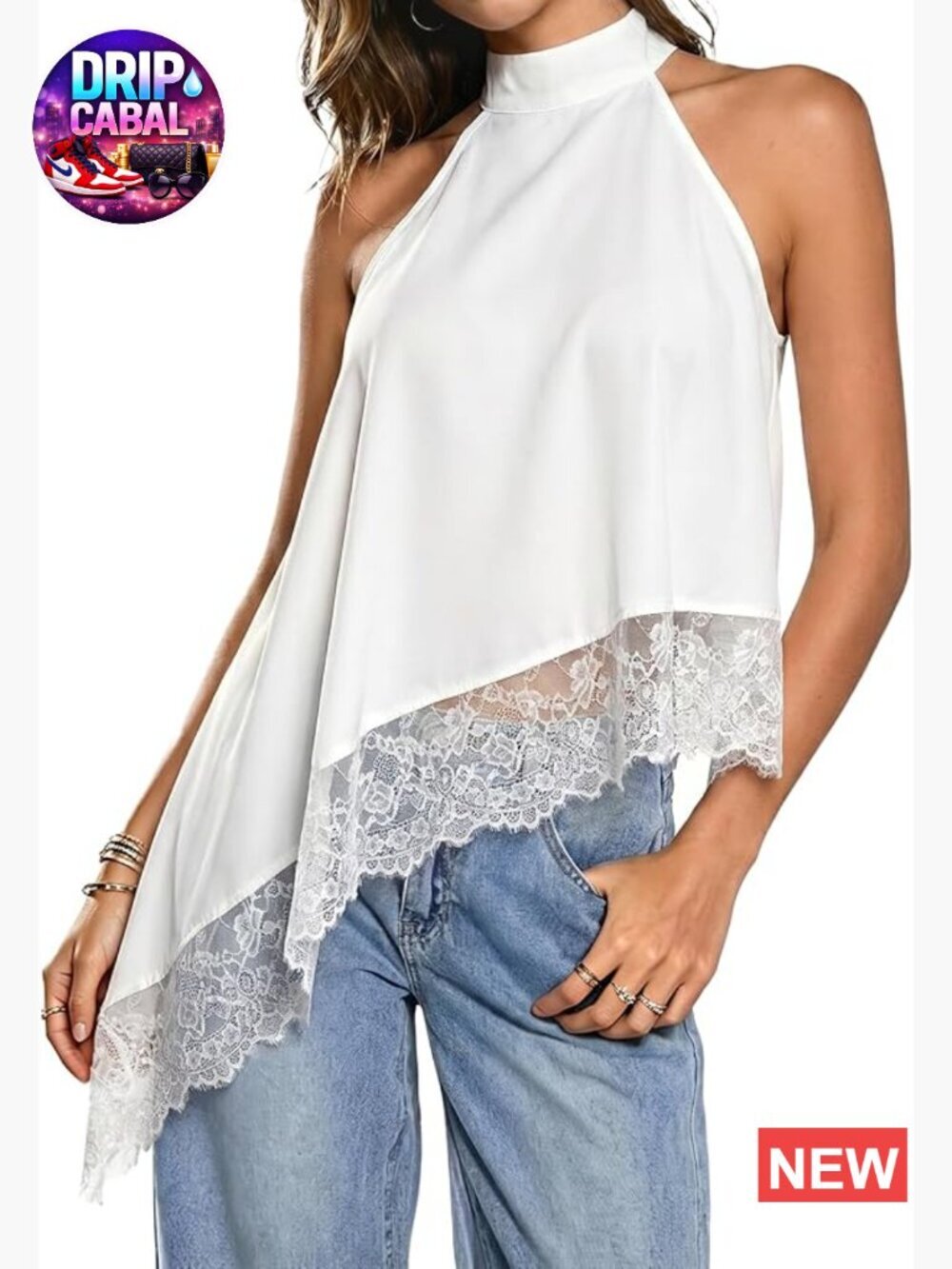 Asymmetrical Halter Neck Tank Top Lace Hem Sleeveless Going Out Top